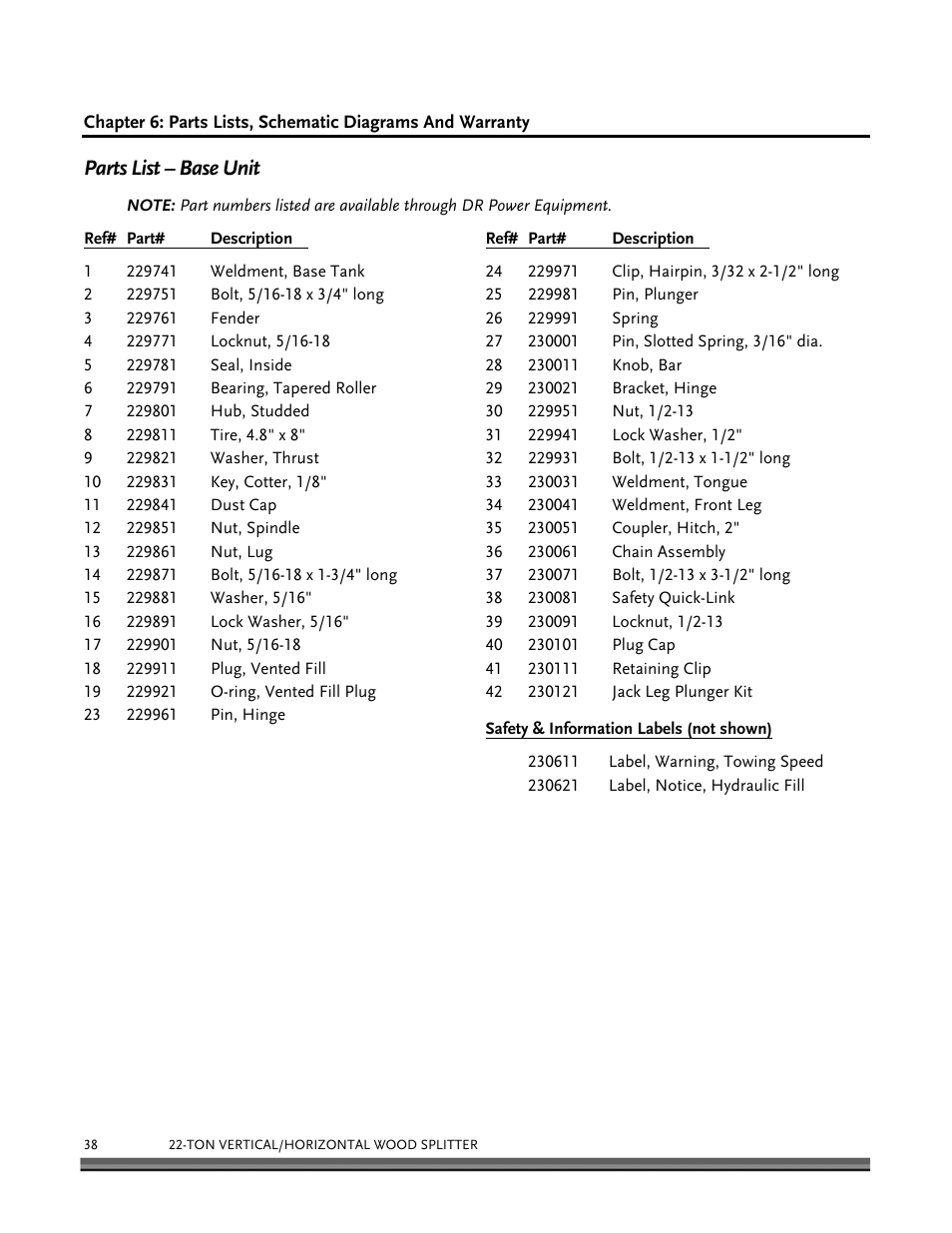 Parts list – base unit | DR Power Hydraulic 22-Ton User Manual | Page 38 / 44