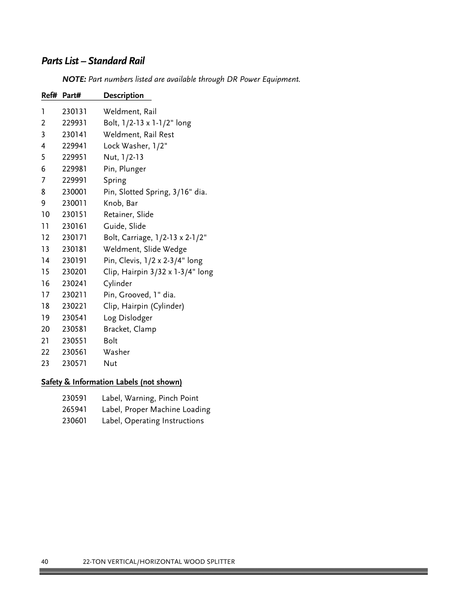 Parts list – standard rail | DR Power Hydraulic 22-Ton User Manual | Page 40 / 44