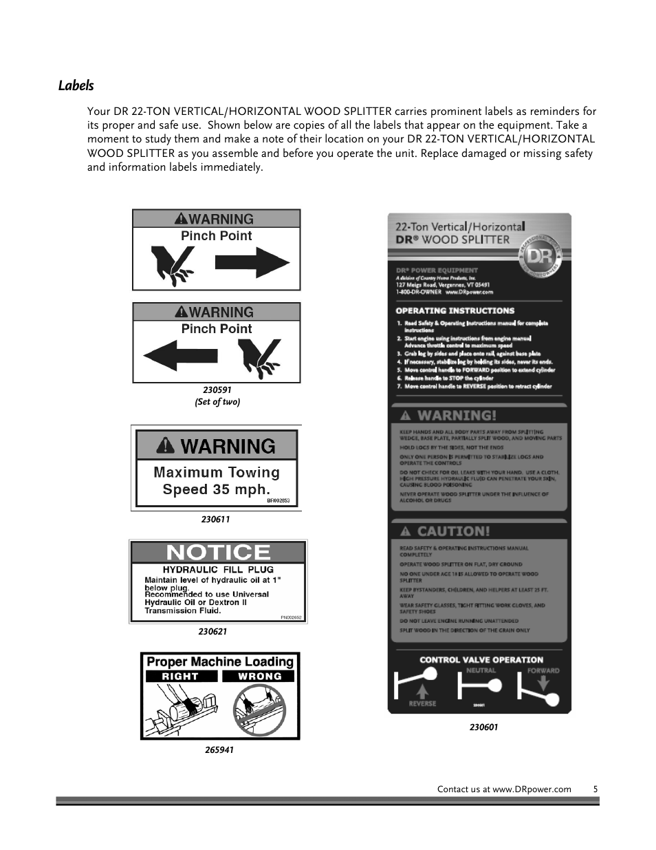 Labels | DR Power Hydraulic 22-Ton User Manual | Page 5 / 44