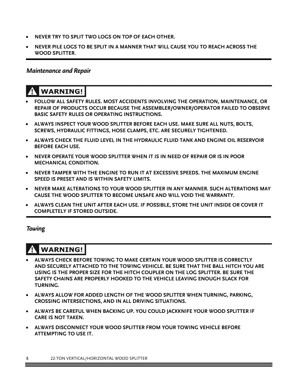 Maintenance and repair towing | DR Power Hydraulic 22-Ton User Manual | Page 8 / 44