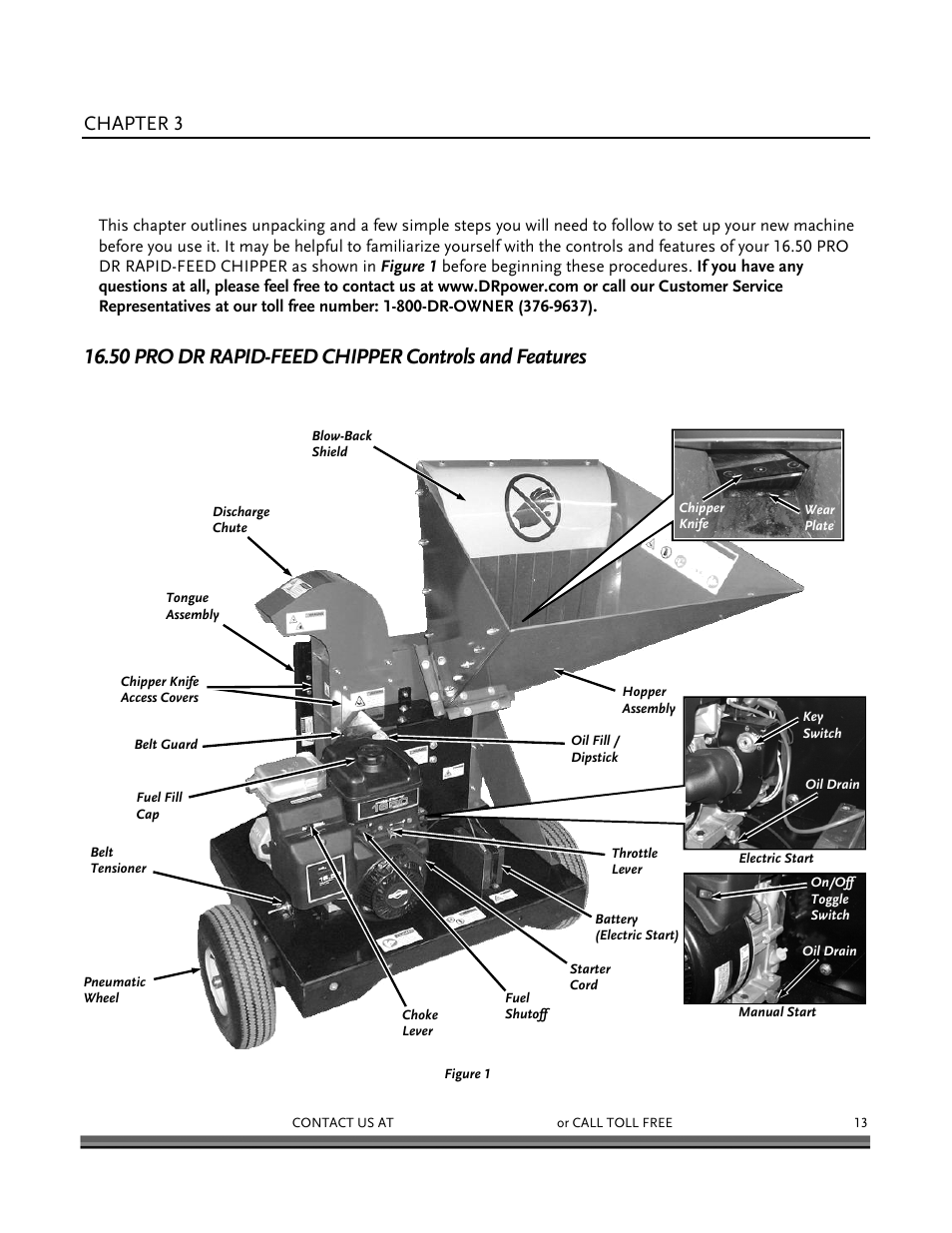 Setting up your 16.50 pro dr rapid-feed chipper, 50 pro dr rapid-feed chipper controls and features, Chapter 3 | DR Power 16.50 Pro User Manual | Page 17 / 80