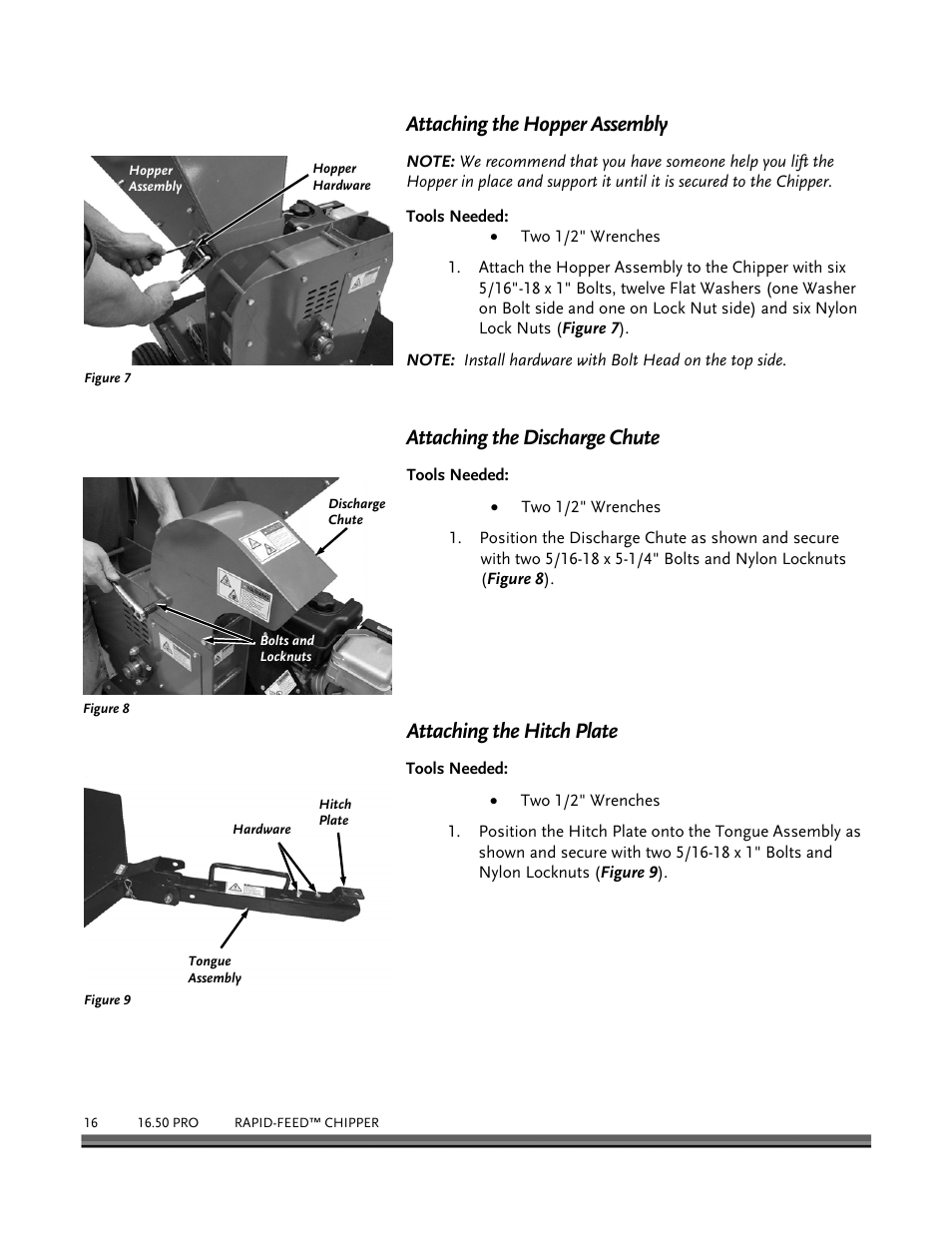 Attaching the hopper assembly, Attaching the discharge chute, Attaching the hitch plate | DR Power 16.50 Pro User Manual | Page 20 / 80