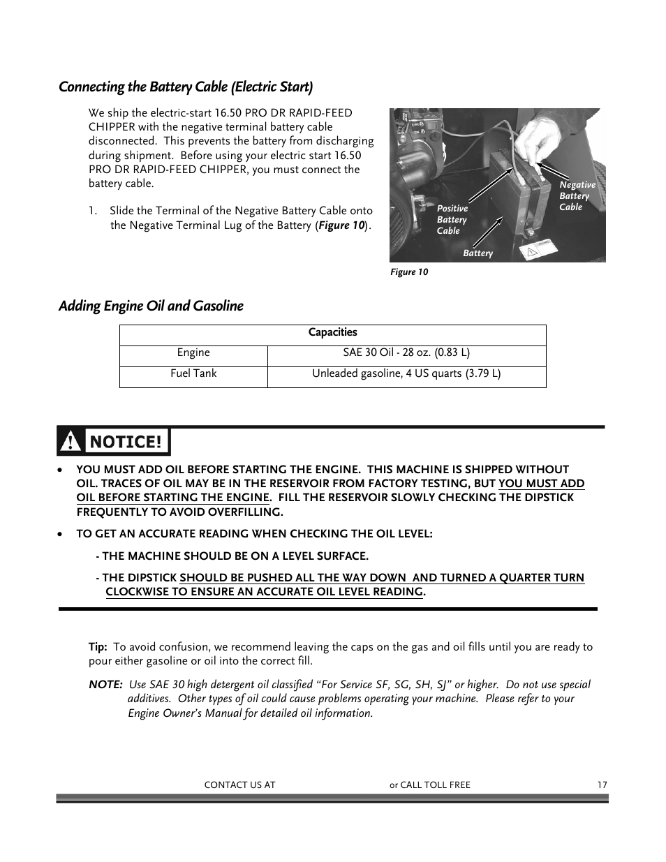 Connecting the battery cable (electric start), Adding engine oil and gasoline | DR Power 16.50 Pro User Manual | Page 21 / 80