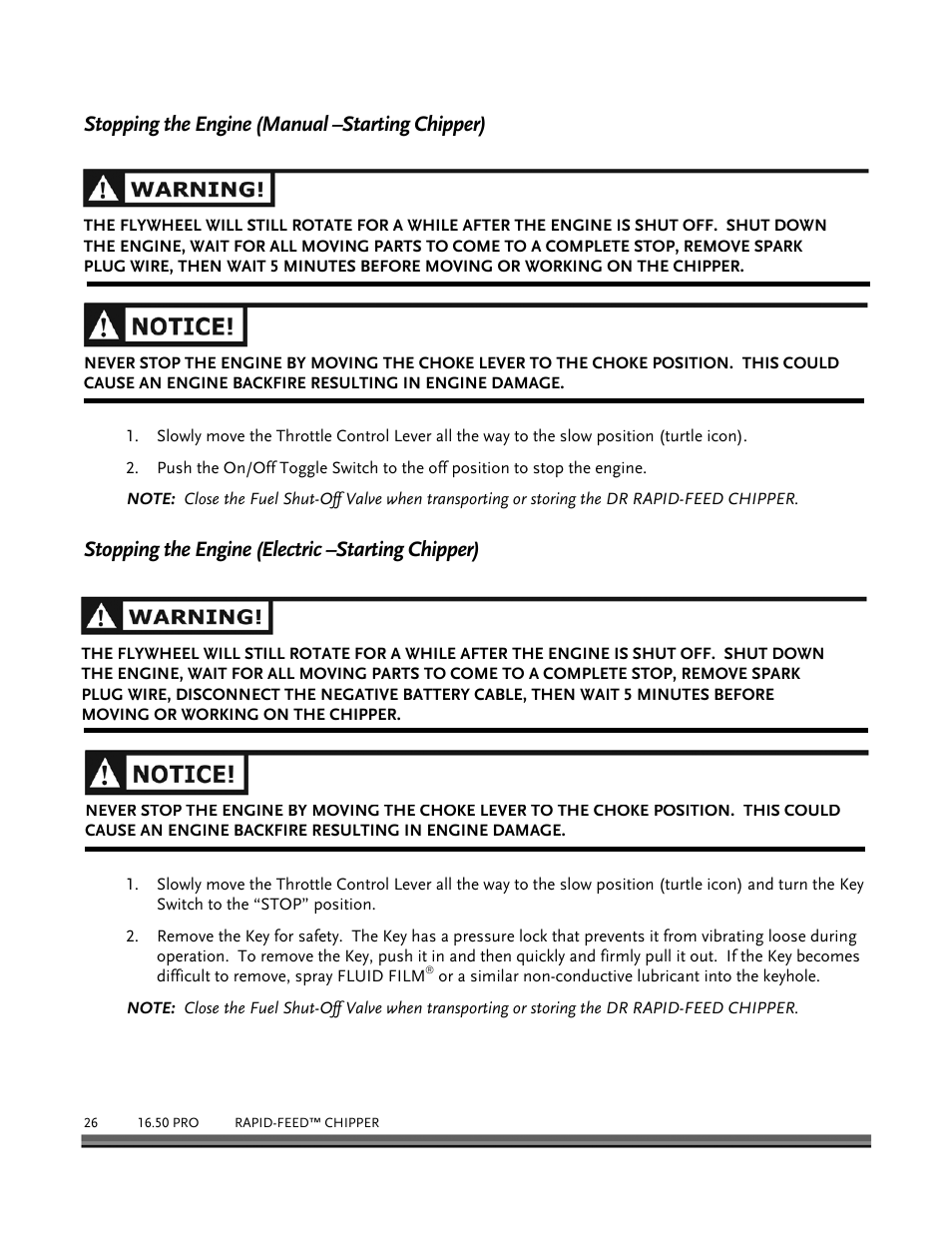 Stopping the engine (manual –starting chipper), Stopping the engine (electric –starting chipper) | DR Power 16.50 Pro User Manual | Page 30 / 80