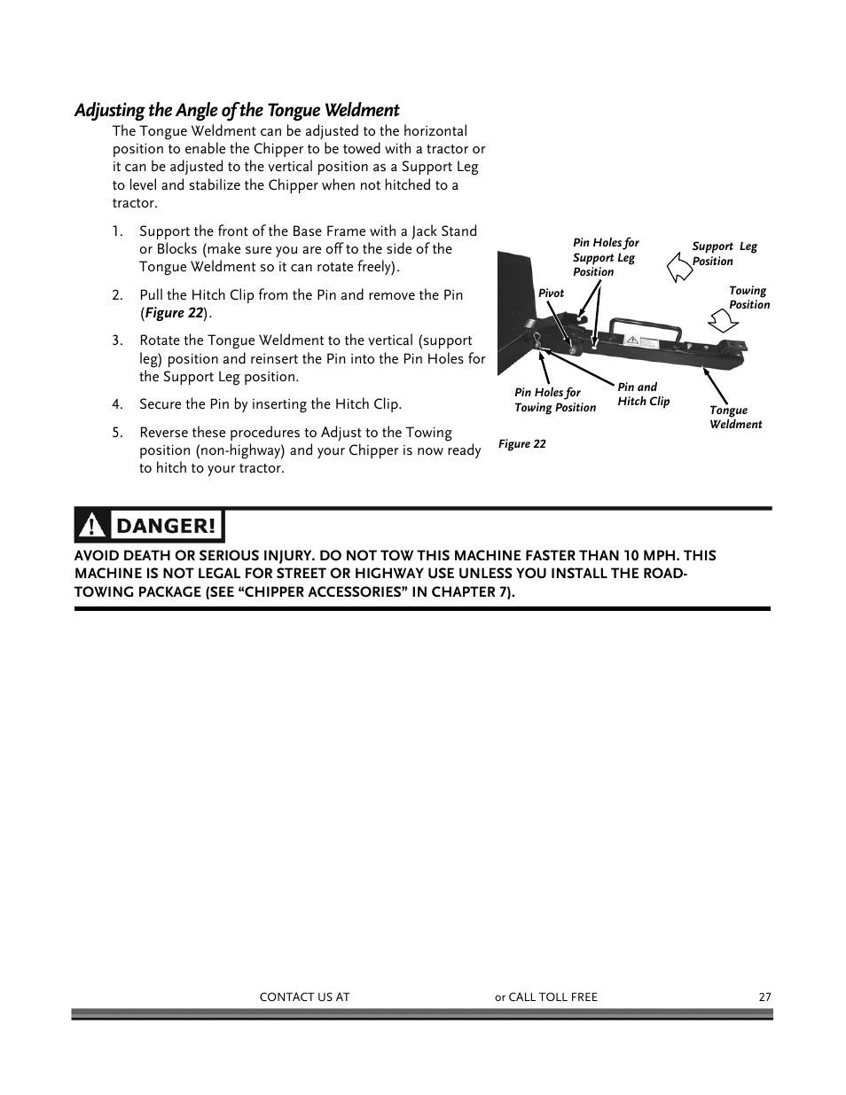 Adjusting the angle of the tongue weldment | DR Power 16.50 Pro User Manual | Page 31 / 80