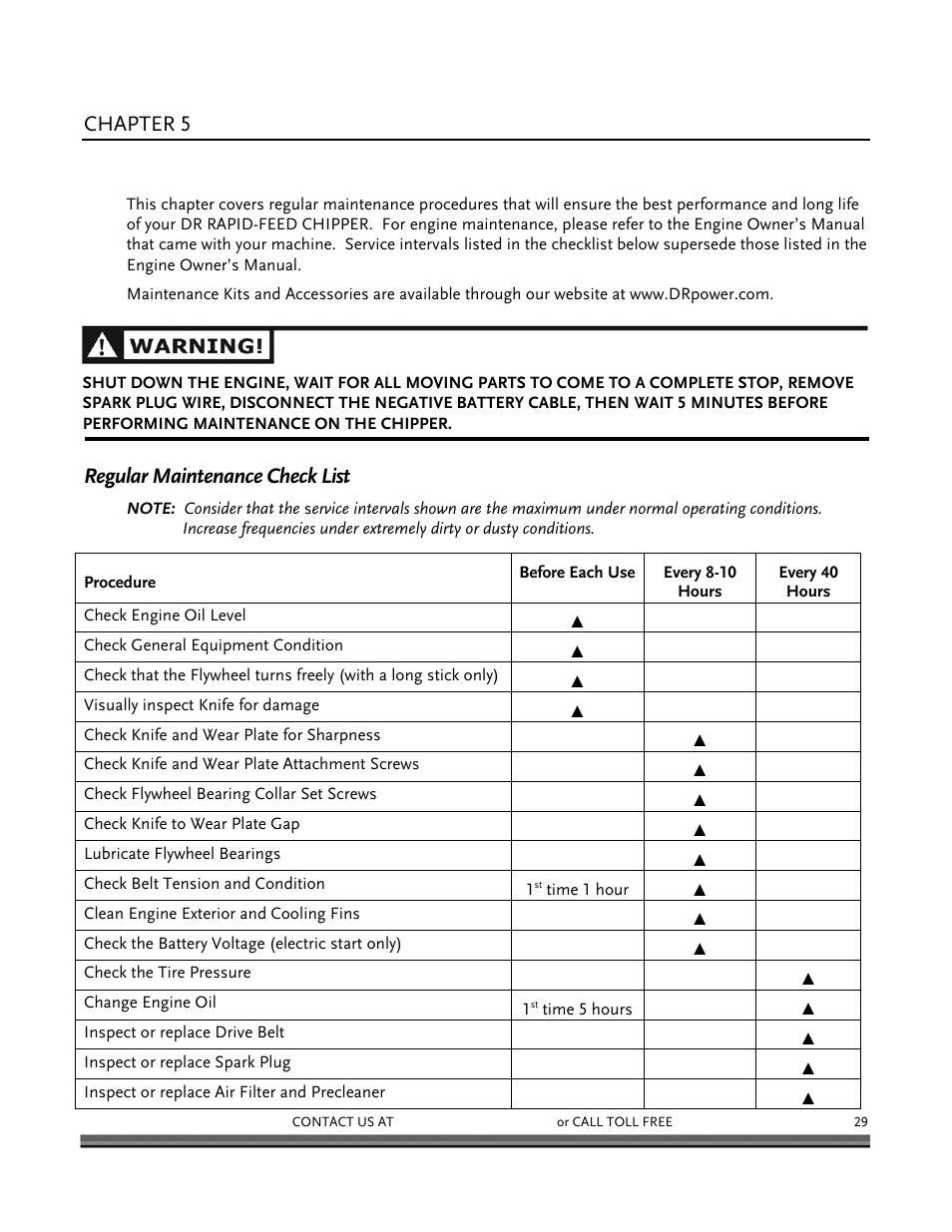 Maintaining the 16.50 pro dr rapid-feed chipper, Chapter 5, Regular maintenance check list | DR Power 16.50 Pro User Manual | Page 33 / 80