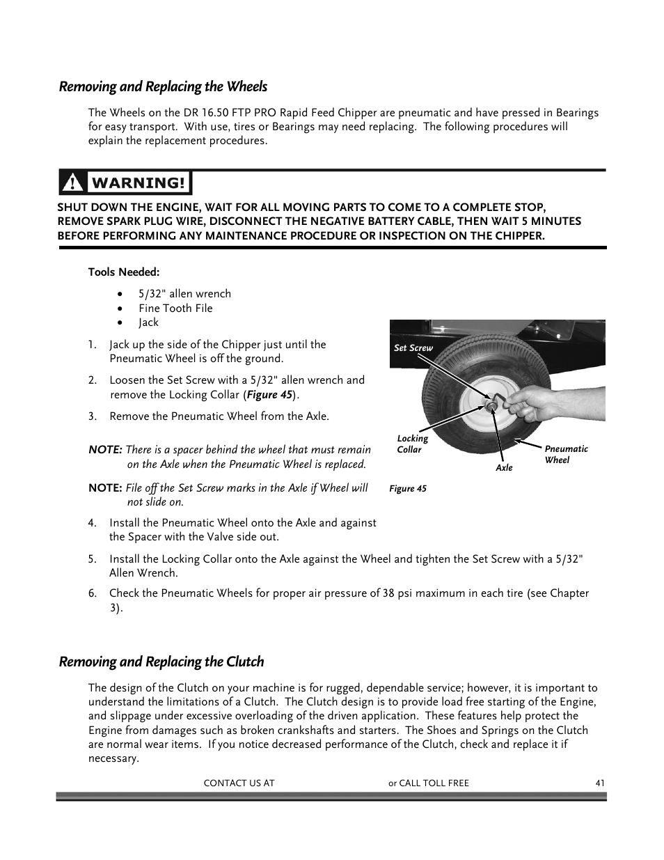 Removing and replacing the wheels, Removing and replacing the clutch | DR Power 16.50 Pro User Manual | Page 45 / 80