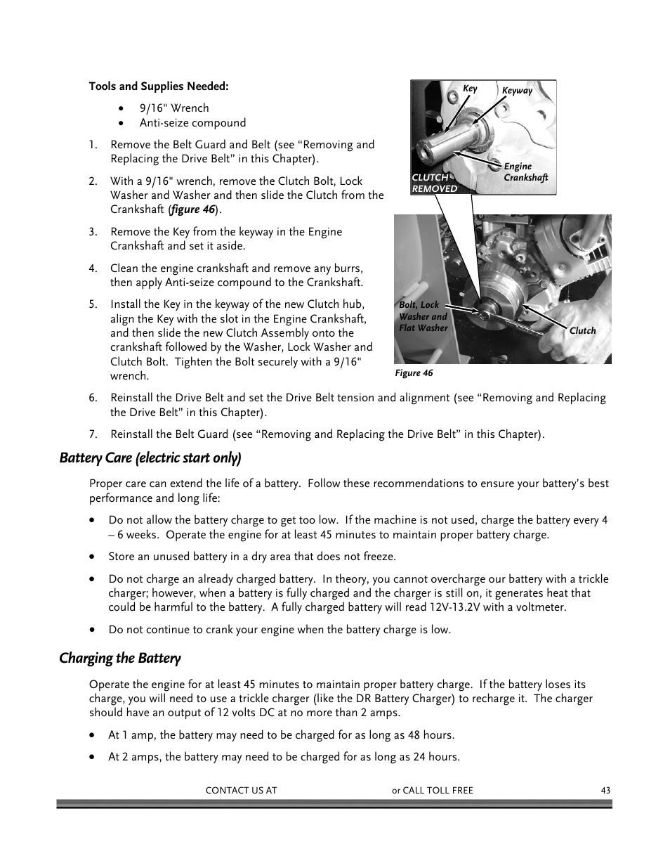 Battery care (electric start only), Charging the battery | DR Power 16.50 Pro User Manual | Page 47 / 80