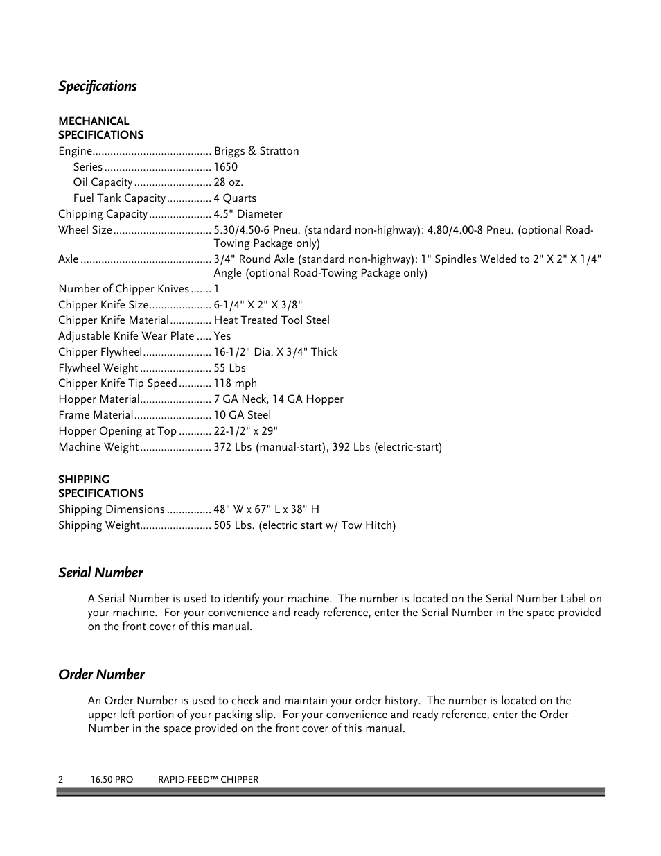 Specifications, Serial number, Order number | DR Power 16.50 Pro User Manual | Page 6 / 80