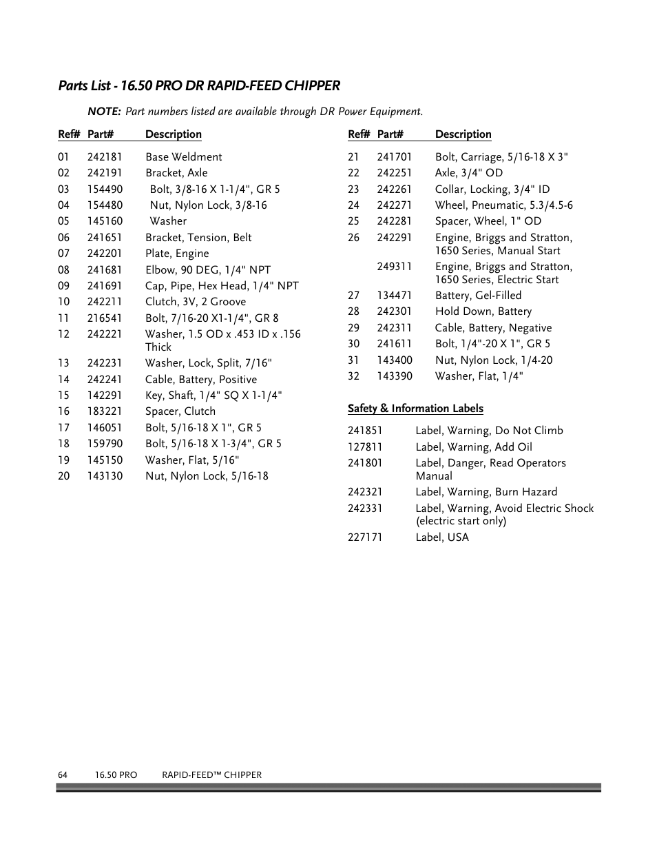 Parts list - 16.50 pro dr rapid-feed chipper | DR Power 16.50 Pro User Manual | Page 68 / 80