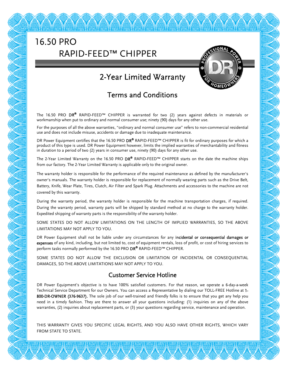 50 pro dr, Rapid-feed™ chipper, Year limited warranty | Terms and conditions, Customer service hotline | DR Power 16.50 Pro User Manual | Page 79 / 80