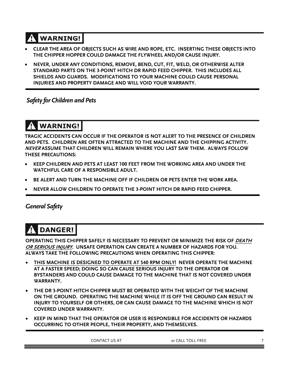 Safety for children and pets general safety | DR Power 3-Point Hitch Rapid-Feed User Manual | Page 11 / 56