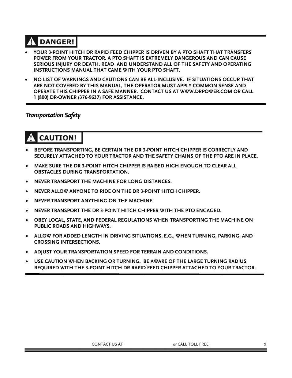 Transportation safety | DR Power 3-Point Hitch Rapid-Feed User Manual | Page 13 / 56