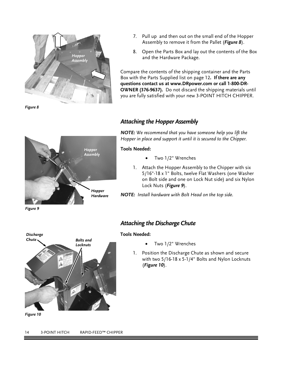 Attaching the hopper assembly, Attaching the discharge chute | DR Power 3-Point Hitch Rapid-Feed User Manual | Page 18 / 56
