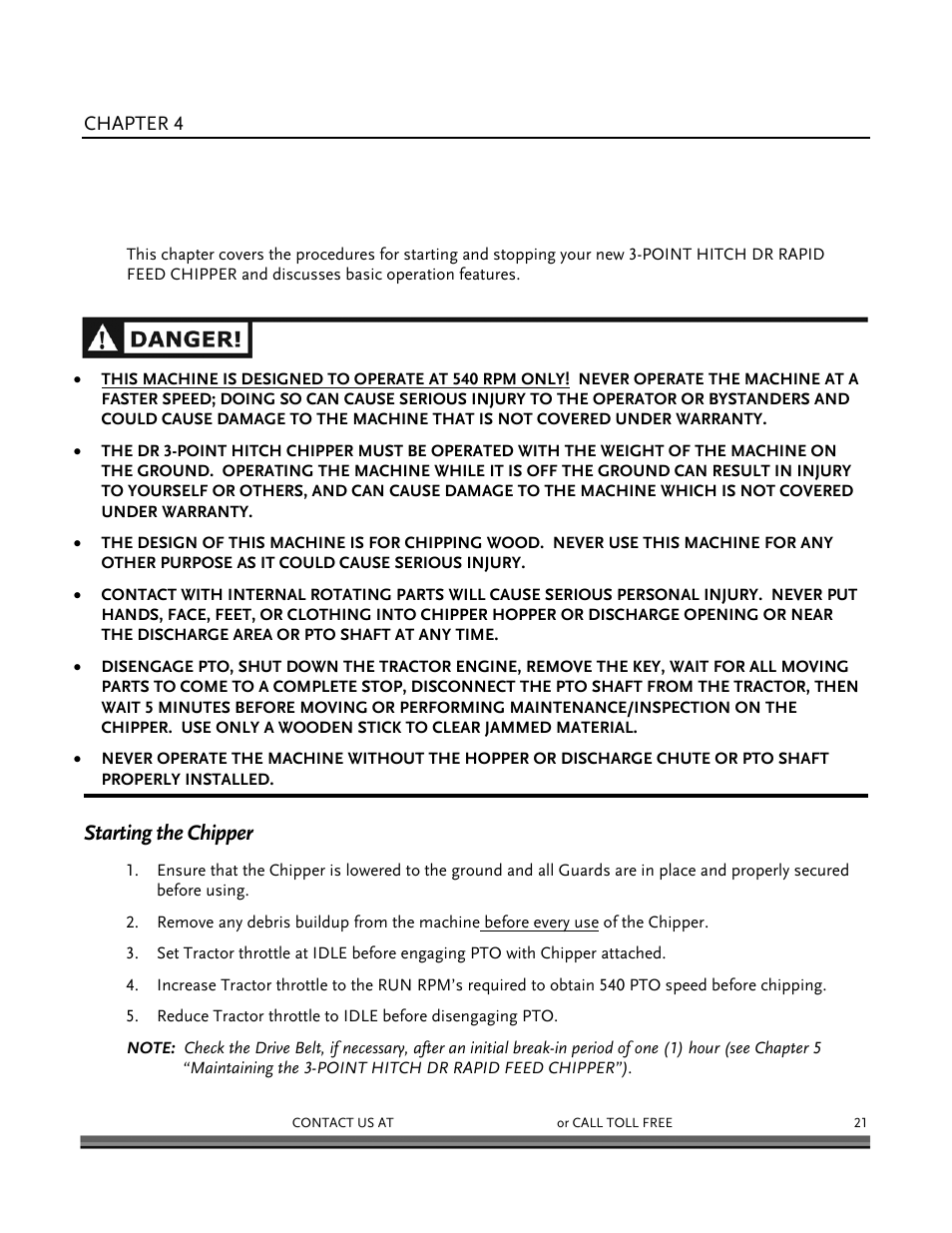 Operating your 3-point hitch dr rapid feed chipper, Starting the chipper | DR Power 3-Point Hitch Rapid-Feed User Manual | Page 25 / 56