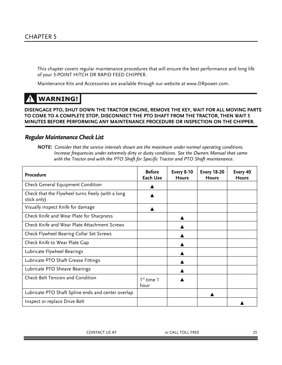 Chapter 5, Regular maintenance check list | DR Power 3-Point Hitch Rapid-Feed User Manual | Page 29 / 56