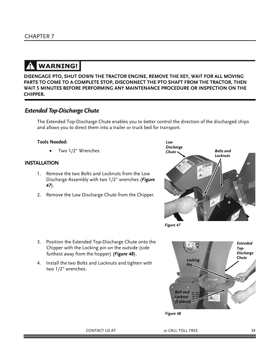 Chipper accessories, Extended top-discharge chute | DR Power 3-Point Hitch Rapid-Feed User Manual | Page 43 / 56