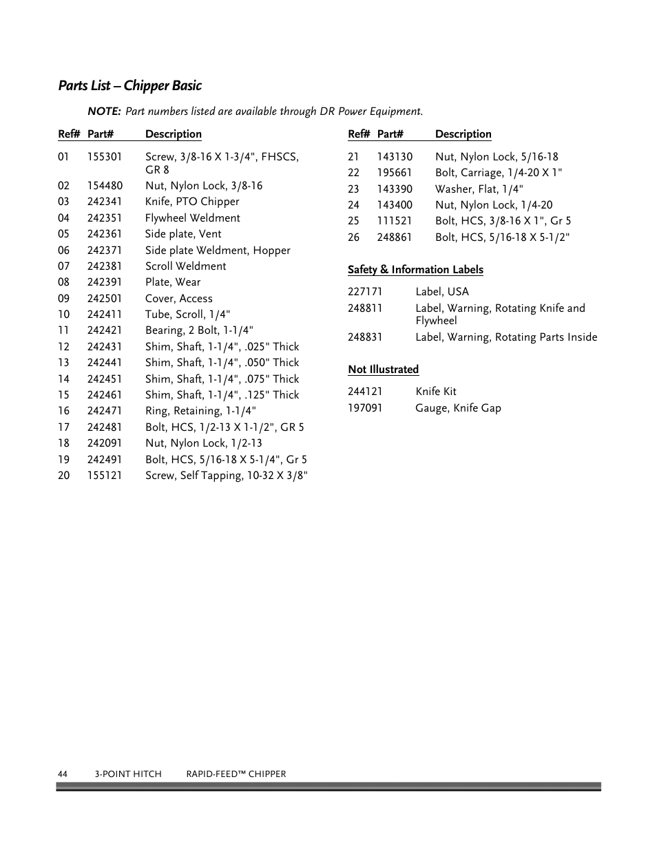 Parts list – chipper basic | DR Power 3-Point Hitch Rapid-Feed User Manual | Page 48 / 56