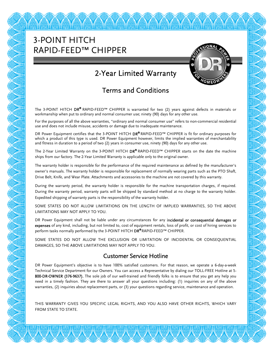 Point hitch dr, Rapid-feed™ chipper, Year limited warranty | Terms and conditions, Customer service hotline | DR Power 3-Point Hitch Rapid-Feed User Manual | Page 55 / 56