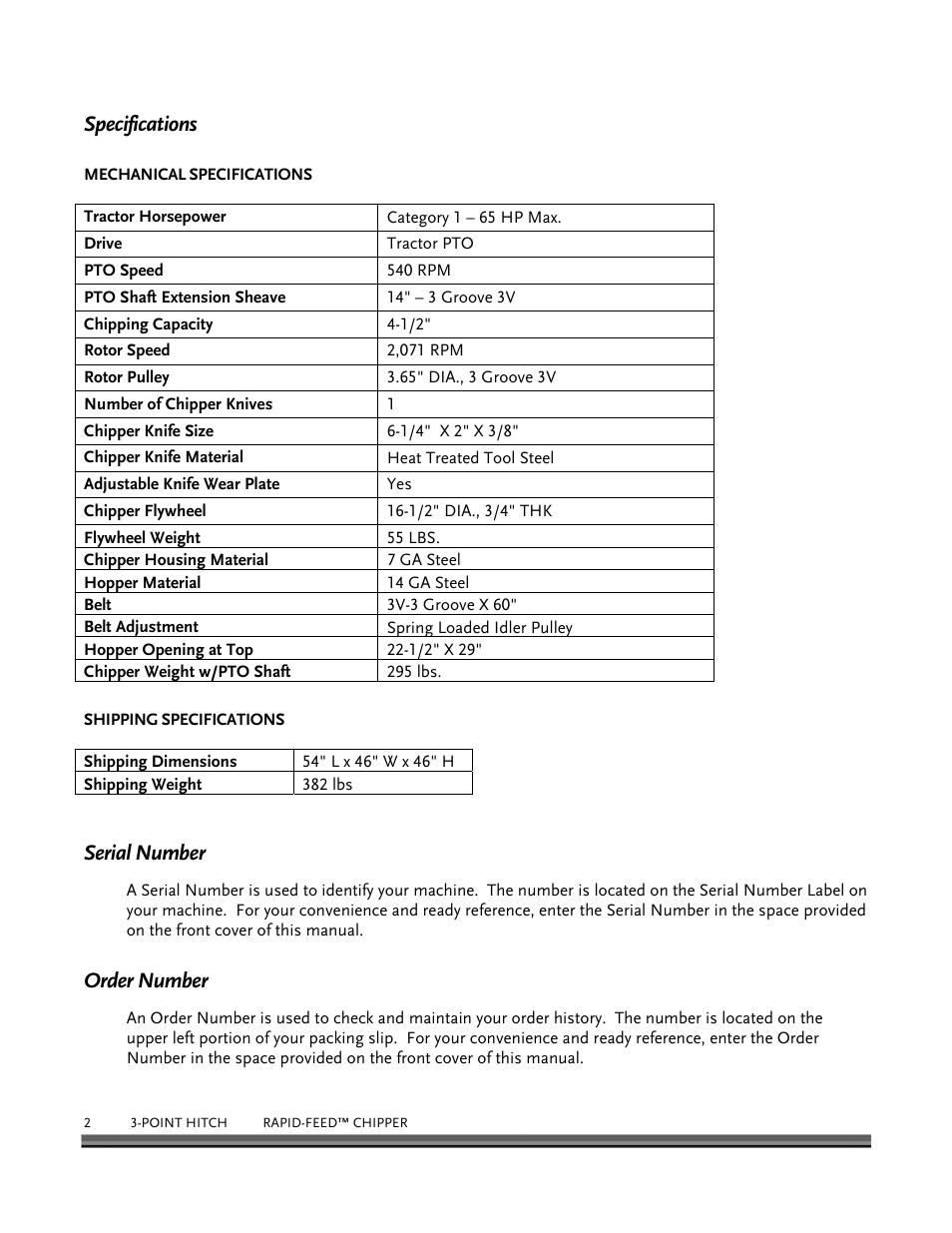 Specifications, Serial number, Order number | DR Power 3-Point Hitch Rapid-Feed User Manual | Page 6 / 56