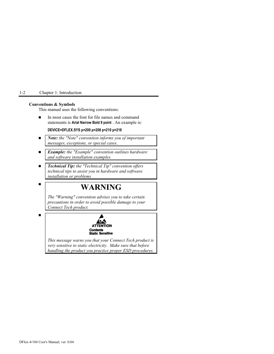 Conventions & symbols -2, Warning | Connect Tech DFlex-4/104 User Manual | Page 14 / 82