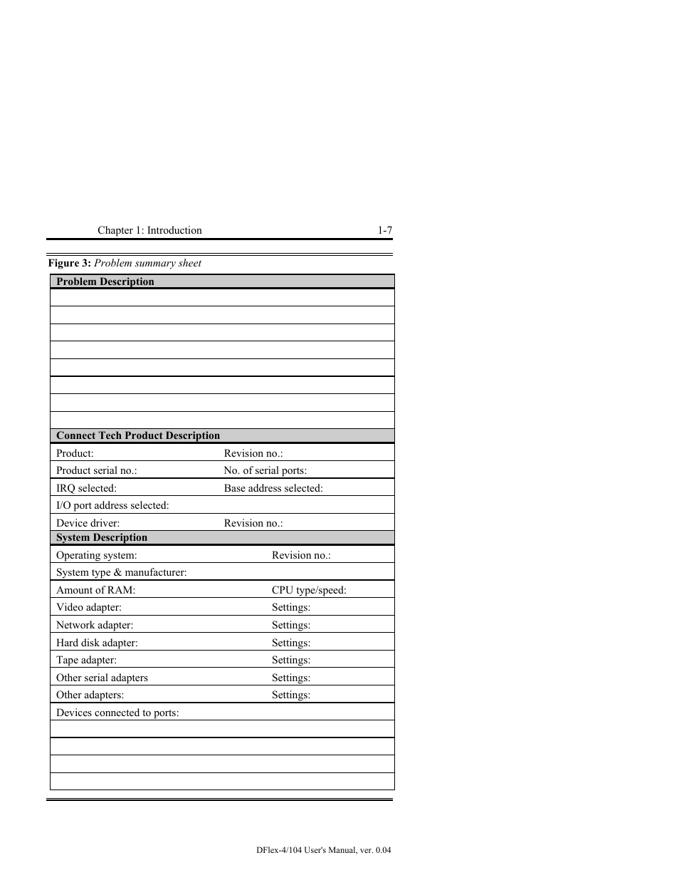 Figure 3: problem summary sheet -7 | Connect Tech DFlex-4/104 User Manual | Page 19 / 82