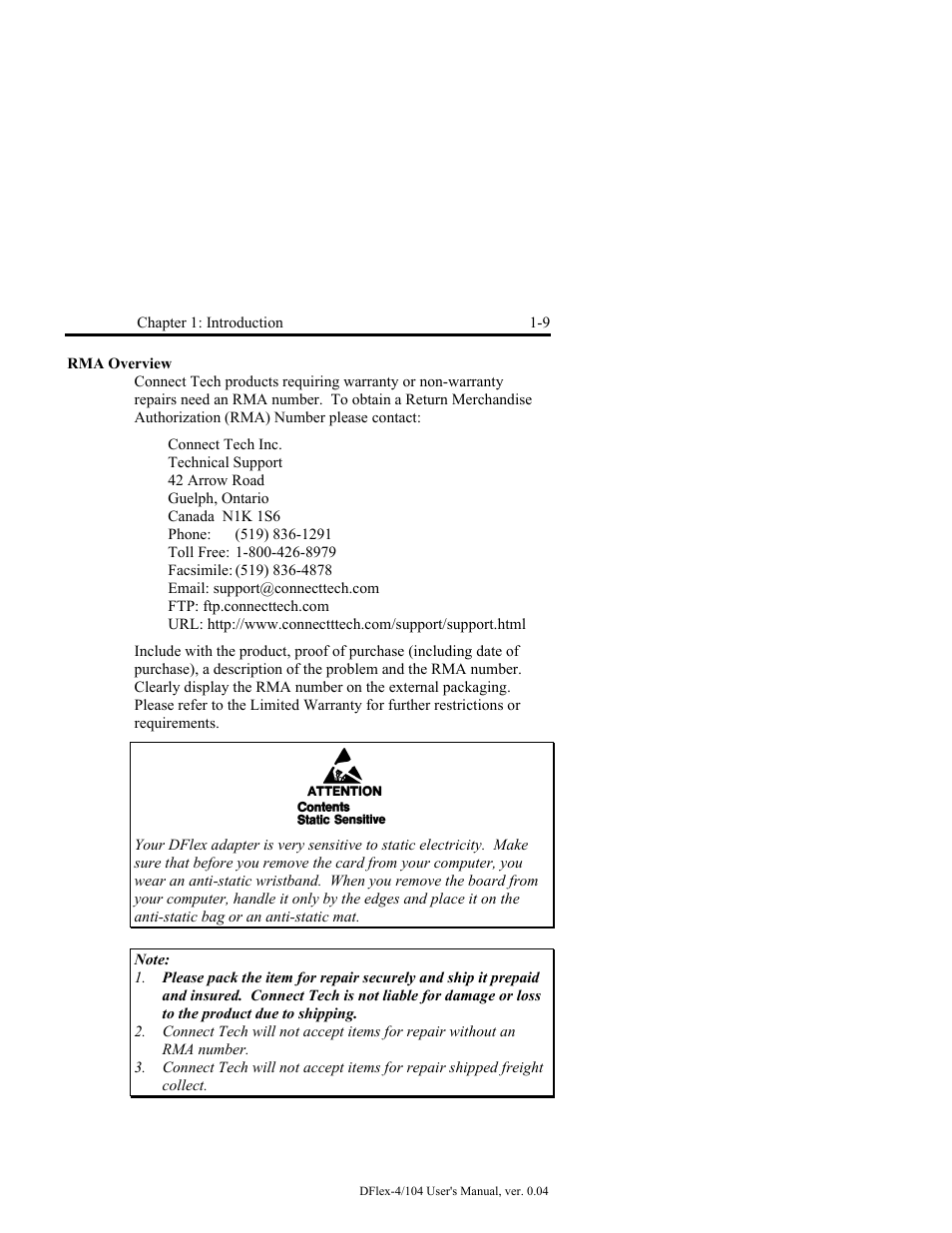 Rma overview -9 | Connect Tech DFlex-4/104 User Manual | Page 21 / 82