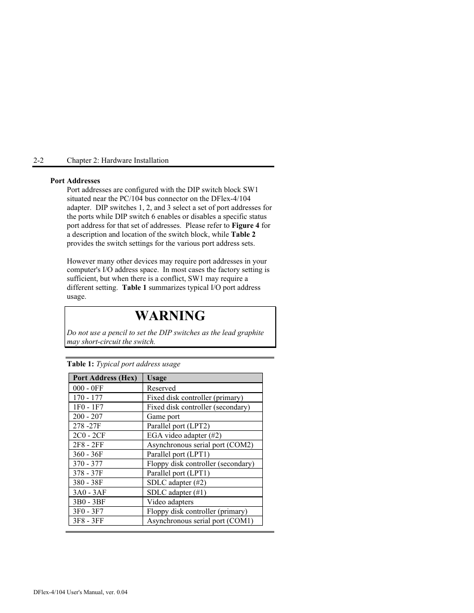 Port addresses -2, Table 1: typical port address usage -2, Warning | Connect Tech DFlex-4/104 User Manual | Page 26 / 82