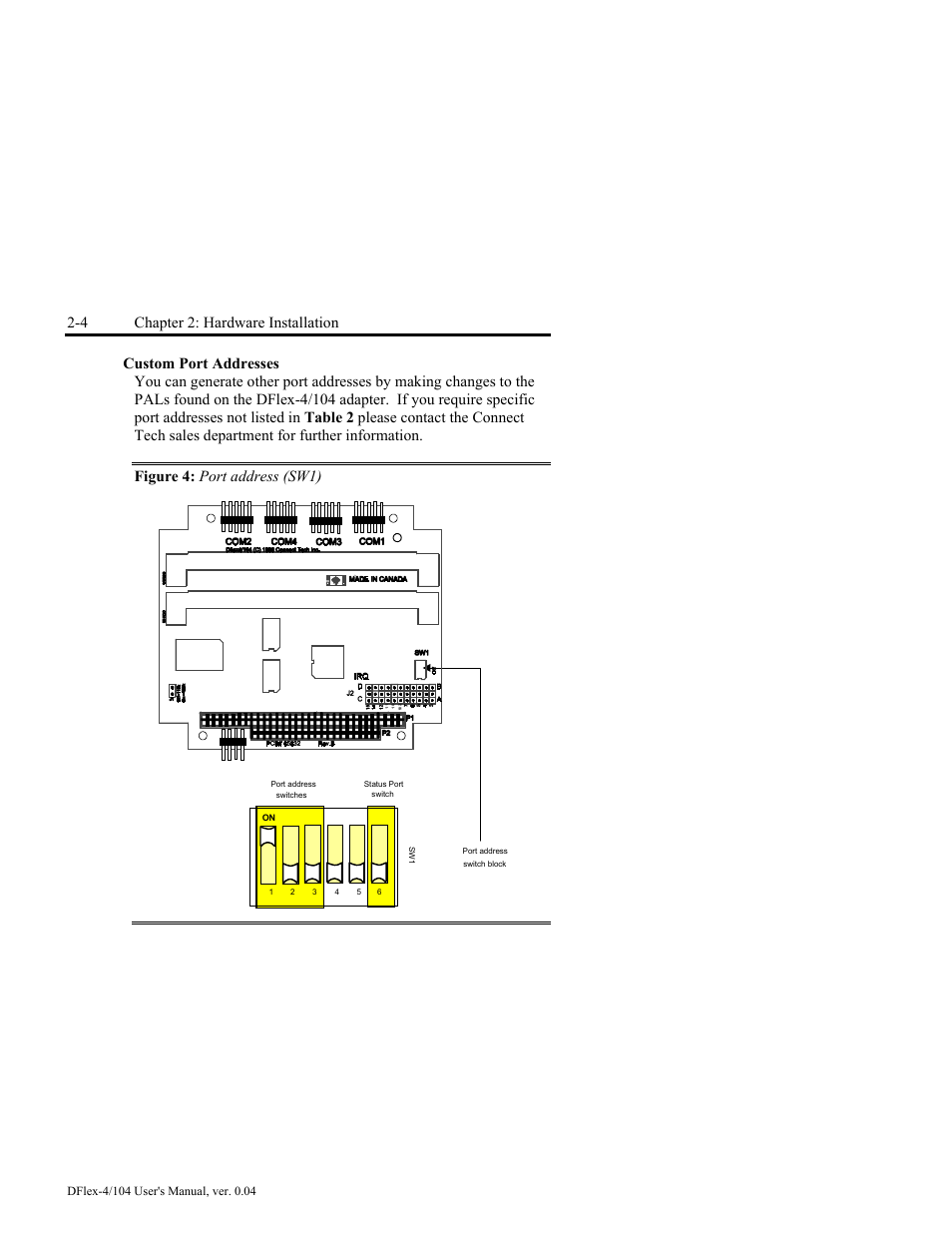 Custom port addresses -4, Figure 4: port address (sw1) -4, 4 chapter 2: hardware installation | Connect Tech DFlex-4/104 User Manual | Page 28 / 82