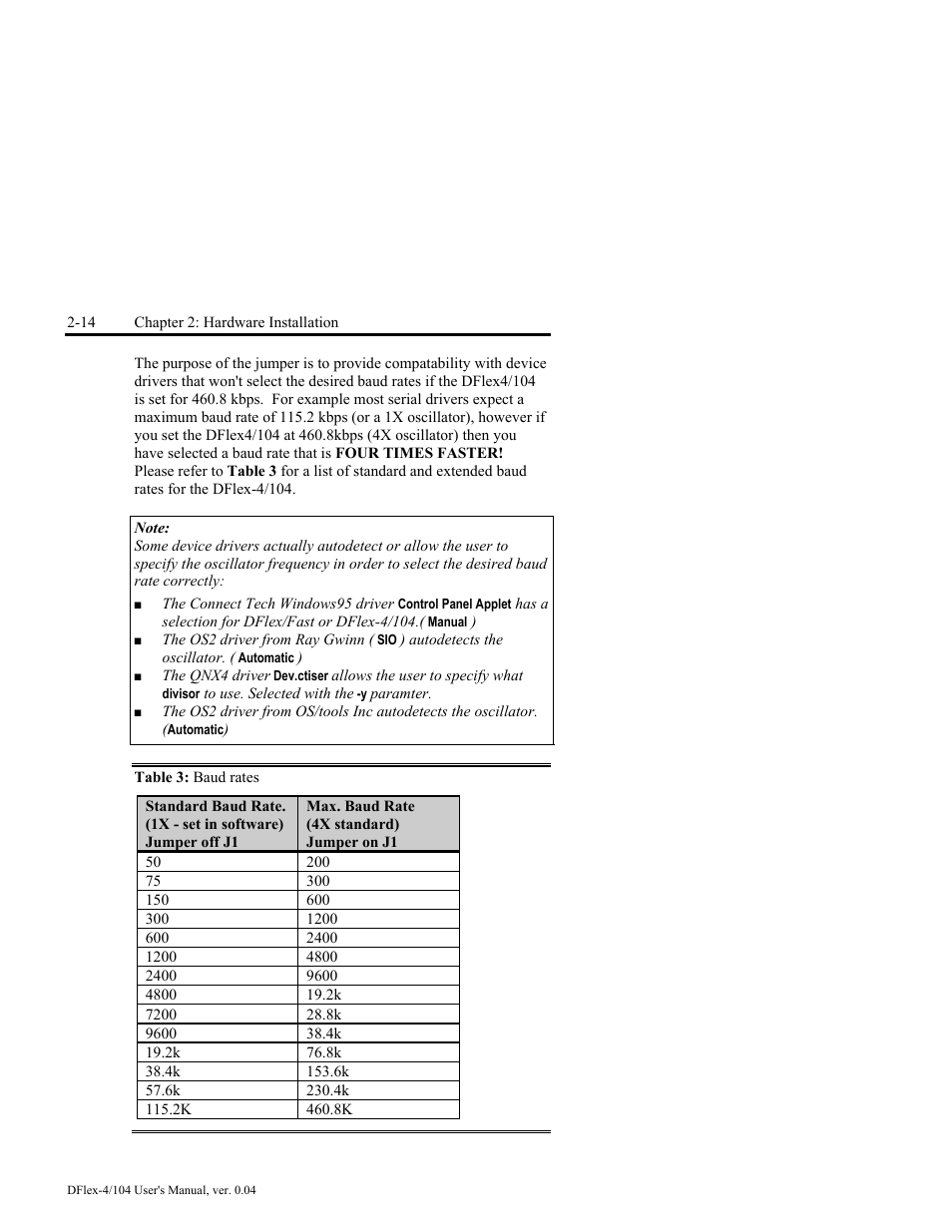 Table 3: baud rates -14 | Connect Tech DFlex-4/104 User Manual | Page 38 / 82