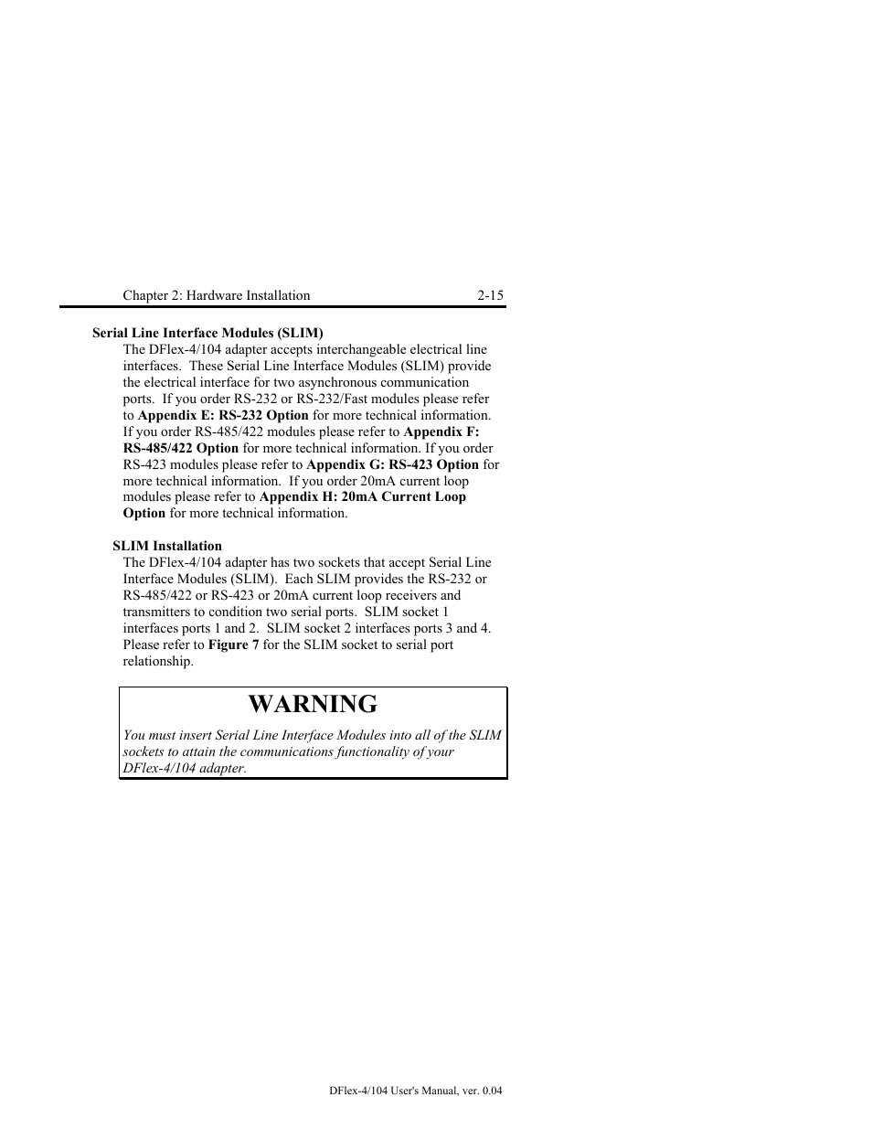 Serial line interface modules (slim) -15, Slim installation -15, Warning | Connect Tech DFlex-4/104 User Manual | Page 39 / 82