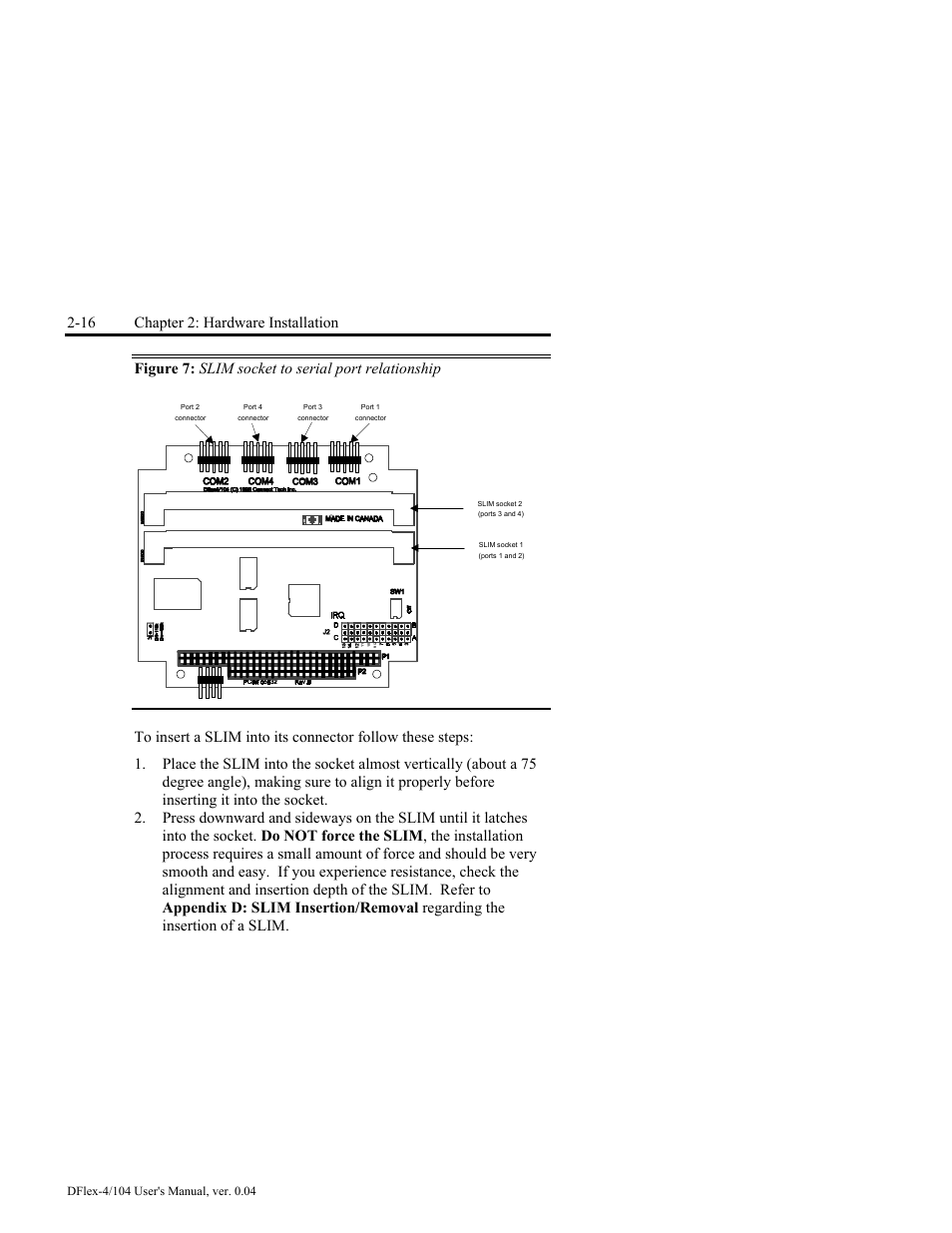 16 chapter 2: hardware installation, Figure 7: slim socket to serial port relationship | Connect Tech DFlex-4/104 User Manual | Page 40 / 82