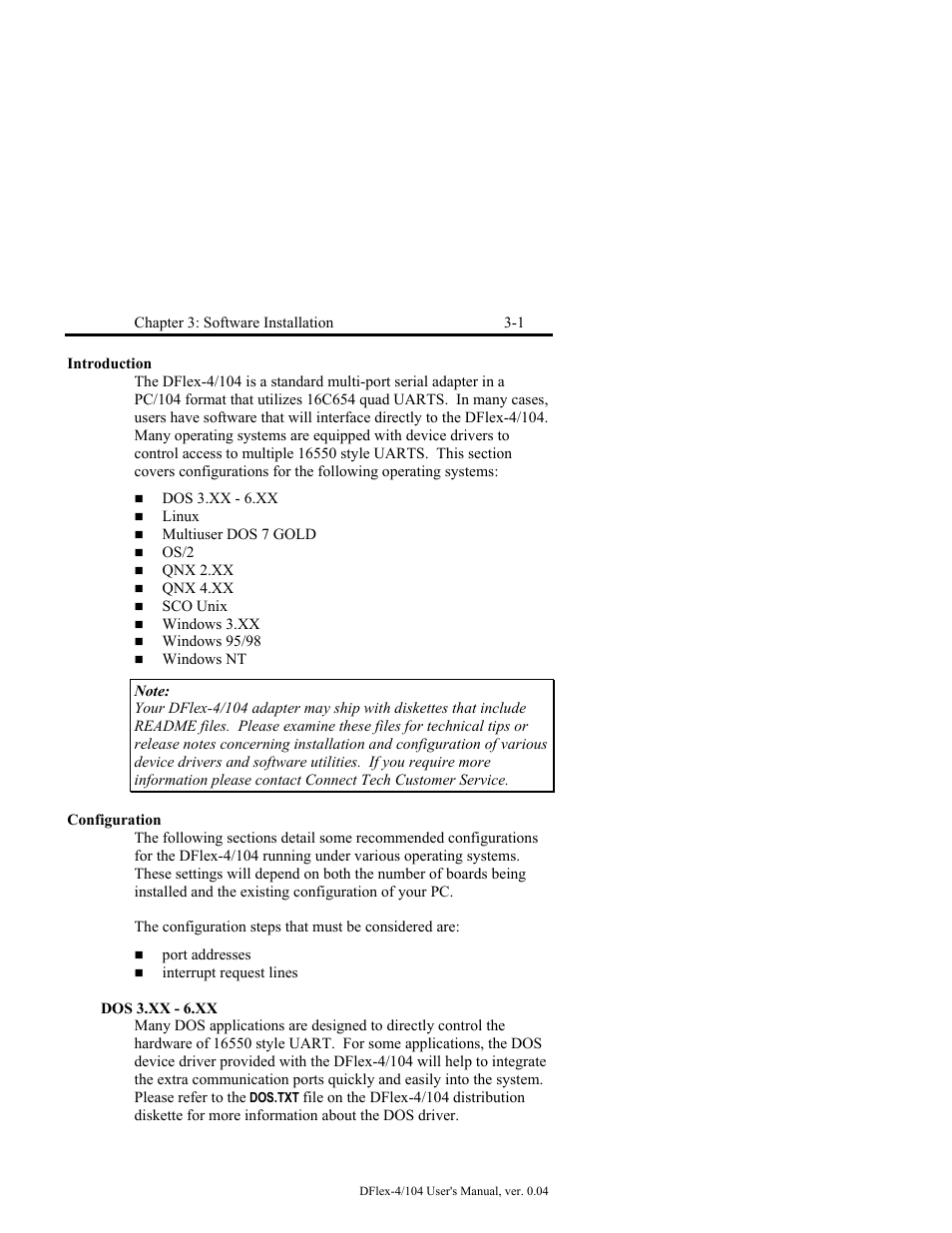 Introduction -1 configuration -1, Dos 3.xx - 6.xx -1 | Connect Tech DFlex-4/104 User Manual | Page 45 / 82