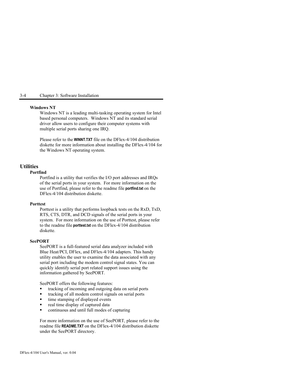 Windows nt -4, Utilities -4, Portfind -4 porttest -4 seeport -4 | Connect Tech DFlex-4/104 User Manual | Page 48 / 82