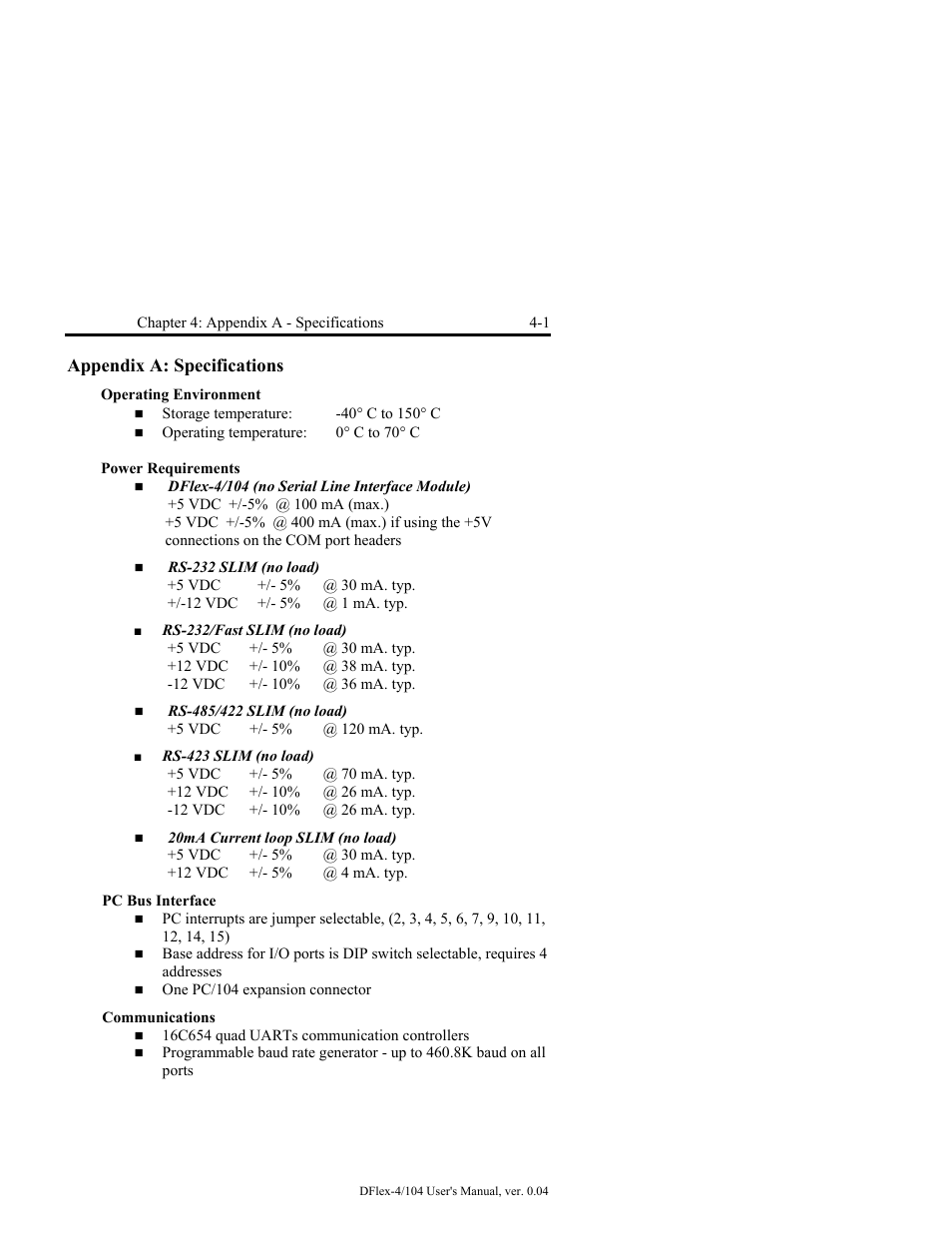 Appendix a: specifications -1 | Connect Tech DFlex-4/104 User Manual | Page 51 / 82