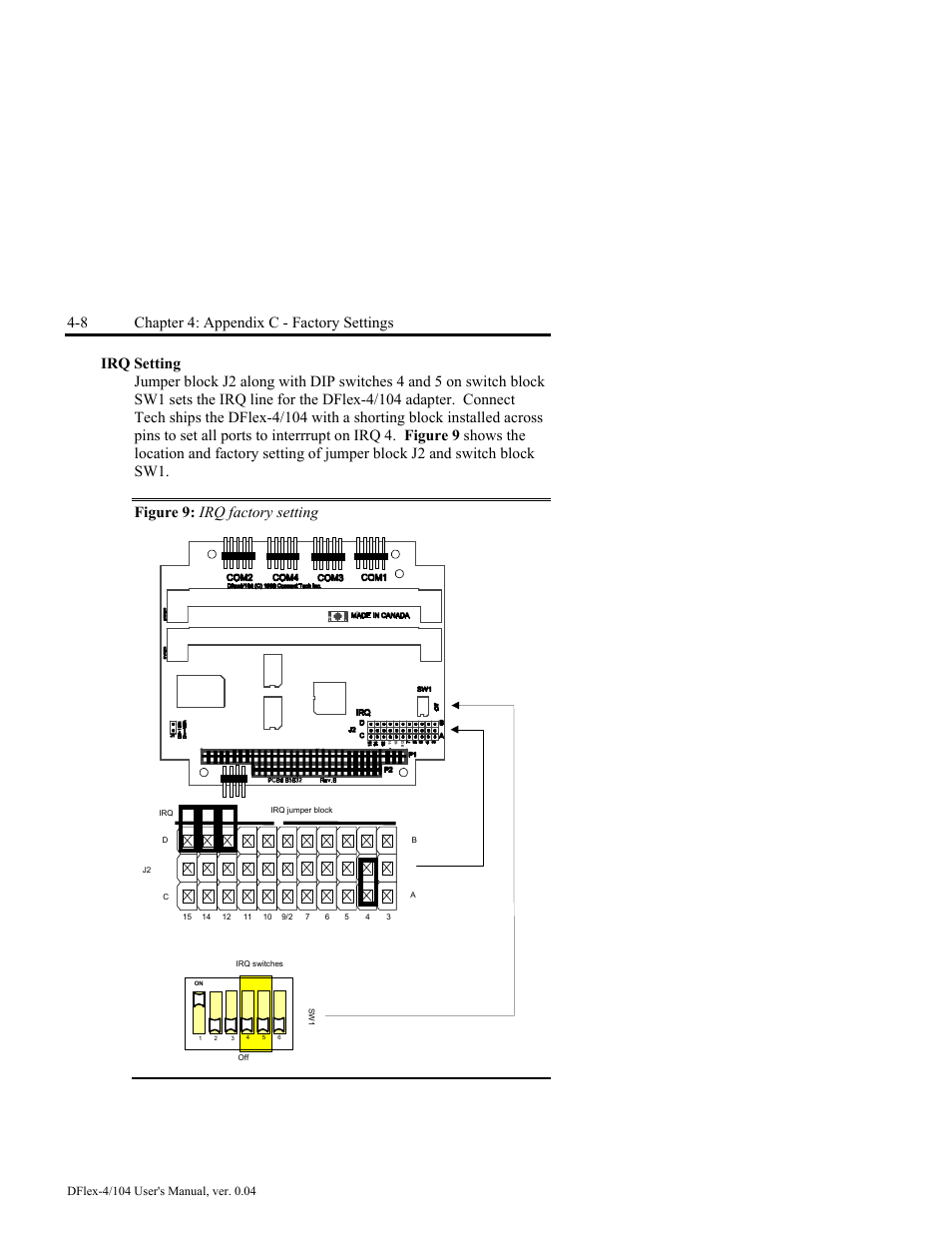 Irq setting -8, Figure 9: irq factory setting -8, 8 chapter 4: appendix c - factory settings | Connect Tech DFlex-4/104 User Manual | Page 58 / 82