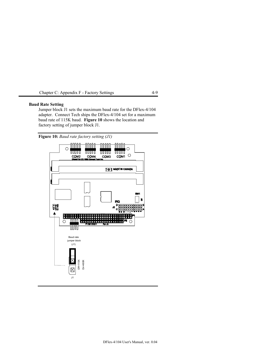 Baud rate setting -9, Figure 10: baud rate factory setting (j1) -9, Chapter c: appendix f - factory settings 4-9 | Connect Tech DFlex-4/104 User Manual | Page 59 / 82