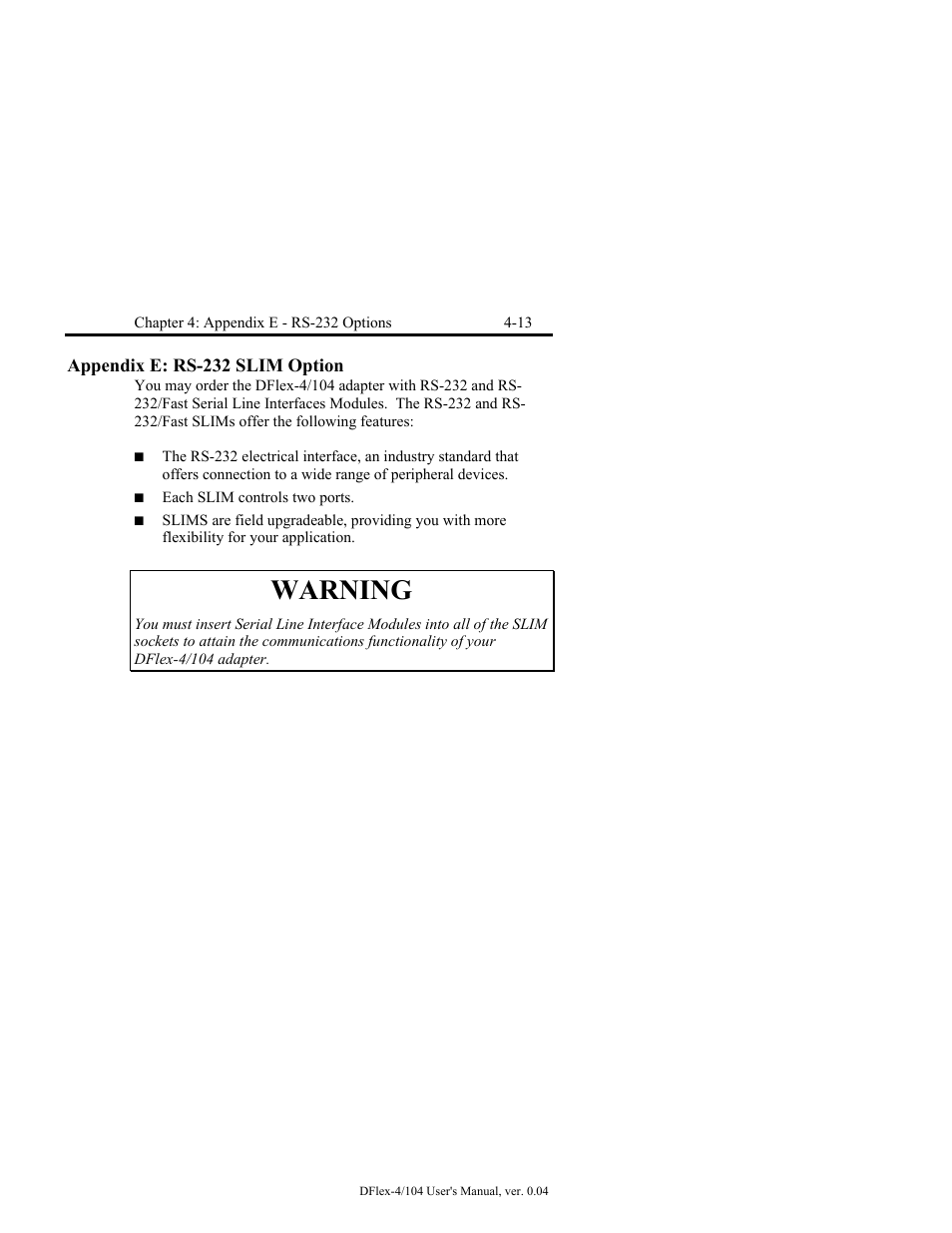 Appendix e: rs-232 slim option -13, Warning | Connect Tech DFlex-4/104 User Manual | Page 63 / 82