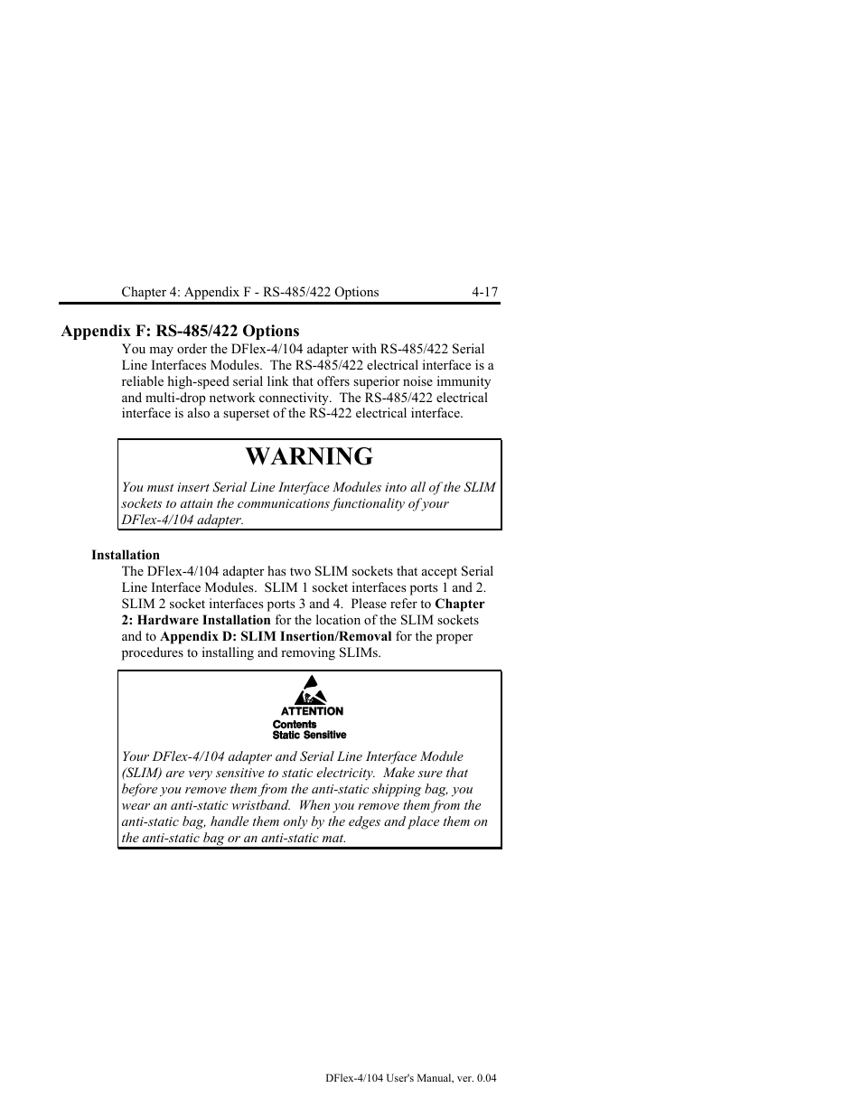 Appendix f: rs-485/422 options -17, Installation -17, Warning | Connect Tech DFlex-4/104 User Manual | Page 67 / 82