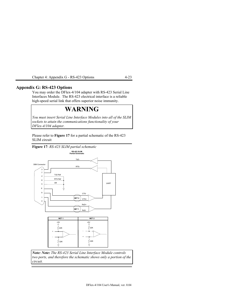 Appendix g: rs-423 options -23, Figure 17: rs-423 slim partial schematic -23, Warning | Appendix g: rs-423 options | Connect Tech DFlex-4/104 User Manual | Page 73 / 82