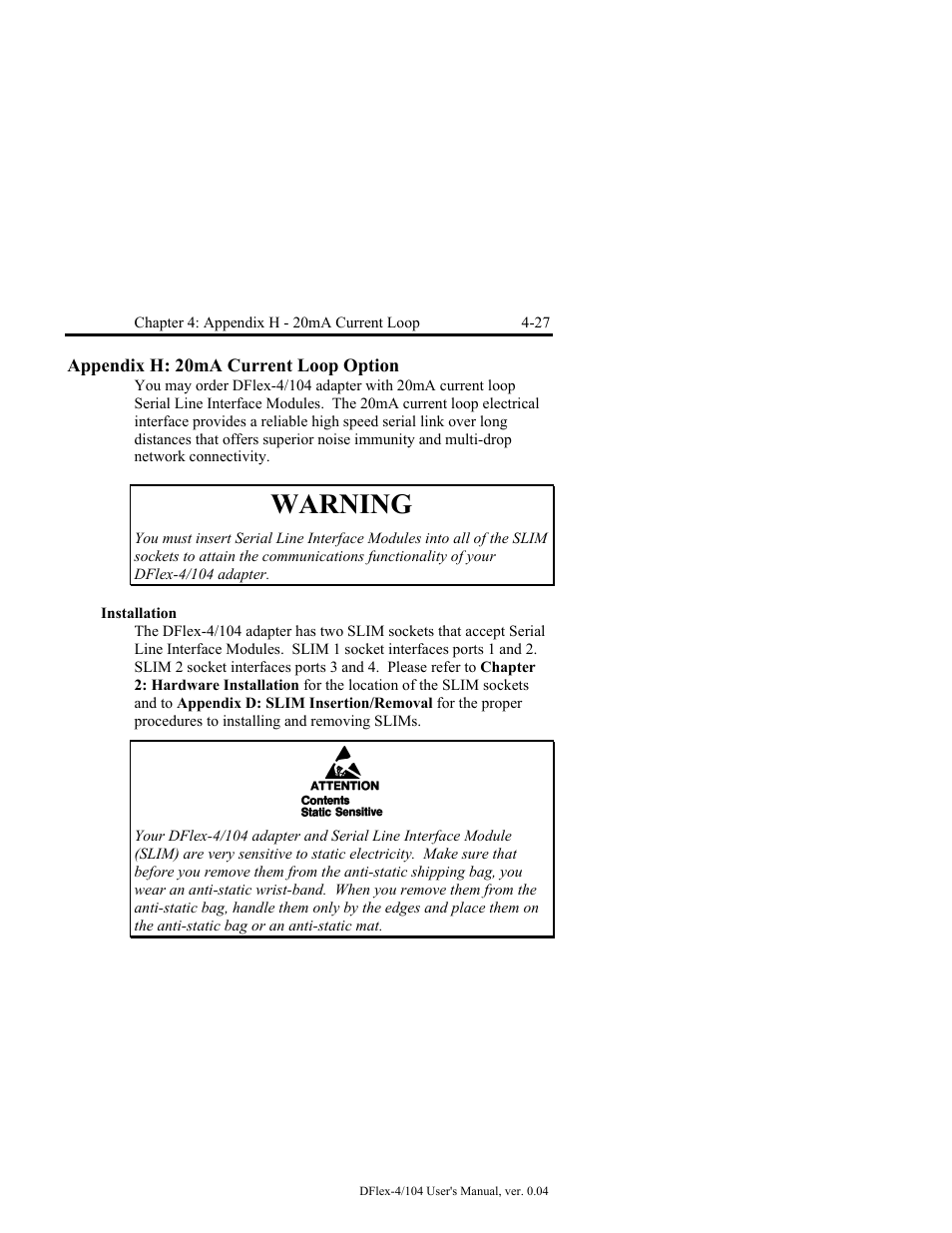 Appendix h: 20ma current loop option -27, Installation -27, Warning | Connect Tech DFlex-4/104 User Manual | Page 77 / 82