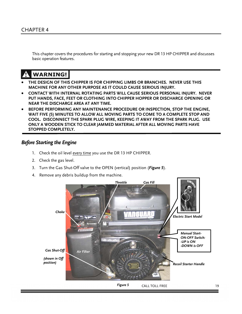 Operating your dr 13 hp chipper, Chapter 4, Before starting the engine | DR Power 13 HP Towable User Manual | Page 23 / 56