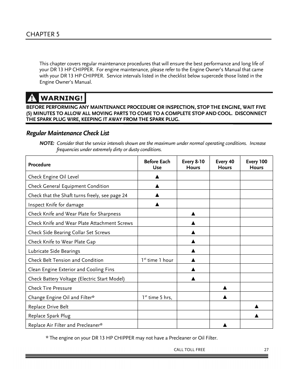 Maintaining the dr 13 hp chipper, Chapter 5, Regular maintenance check list | DR Power 13 HP Towable User Manual | Page 31 / 56