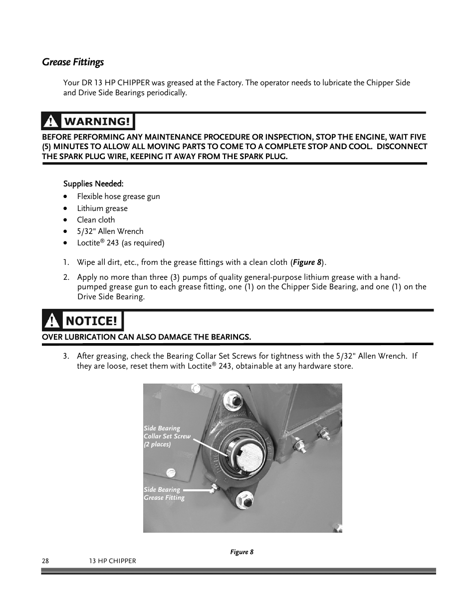 Grease fittings | DR Power 13 HP Towable User Manual | Page 32 / 56