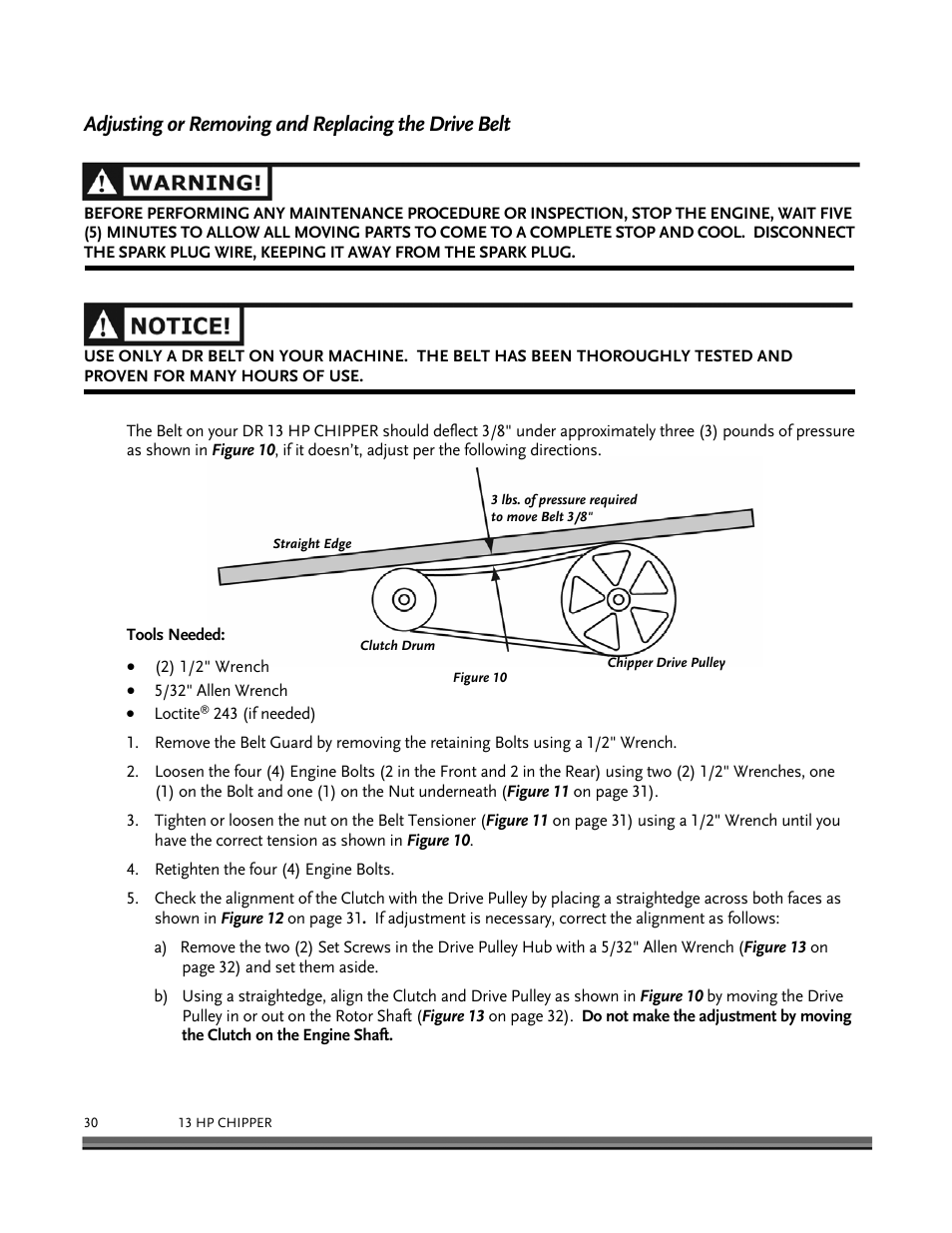Adjusting or removing and replacing the drive belt | DR Power 13 HP Towable User Manual | Page 34 / 56