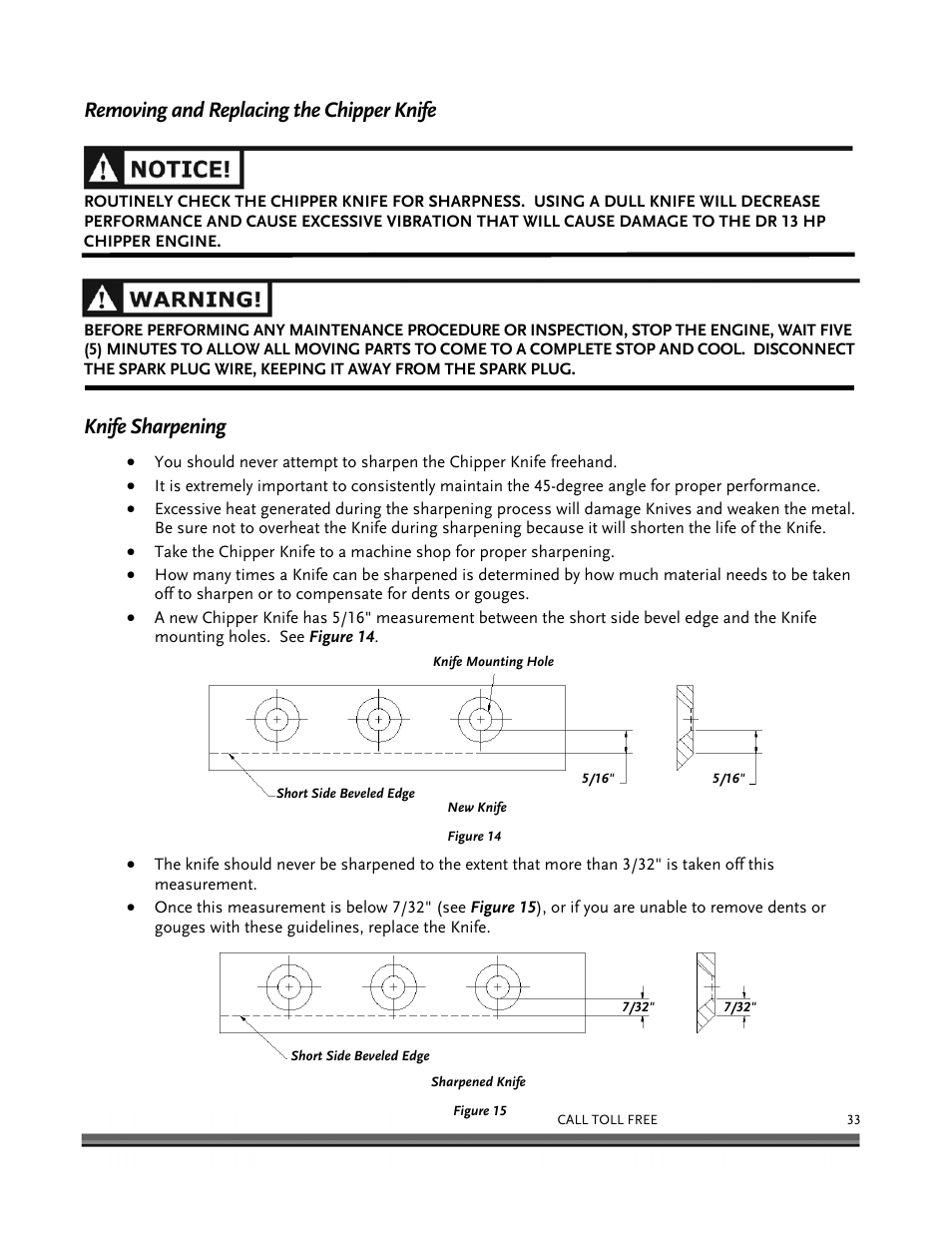Removing and replacing the chipper knife, Knife sharpening | DR Power 13 HP Towable User Manual | Page 37 / 56