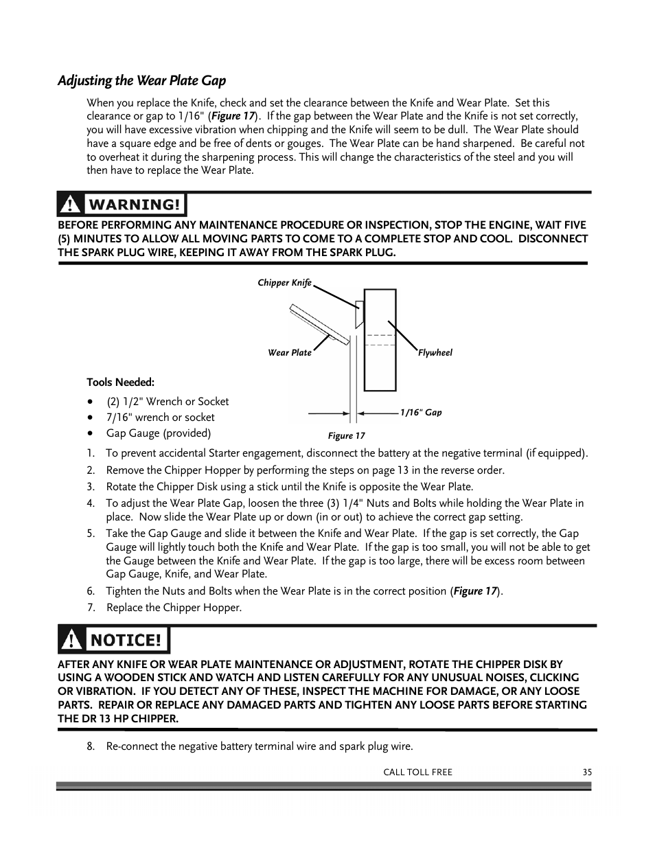 Adjusting the wear plate gap | DR Power 13 HP Towable User Manual | Page 39 / 56