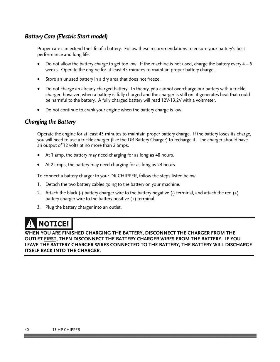 Battery care (electric start model), Charging the battery | DR Power 13 HP Towable User Manual | Page 44 / 56