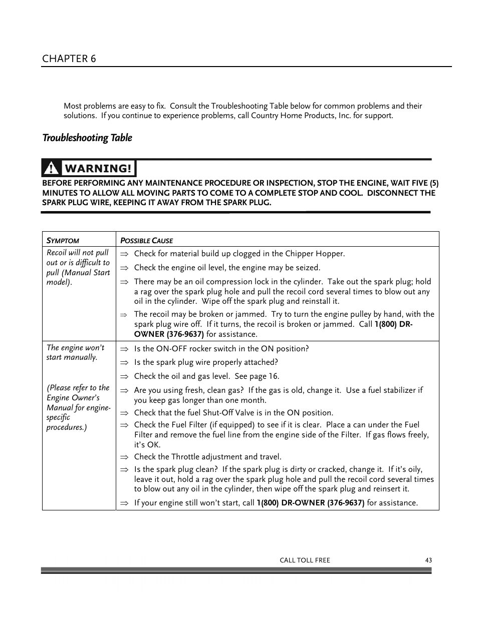 Troubleshooting, Chapter 6, Troubleshooting table | DR Power 13 HP Towable User Manual | Page 47 / 56