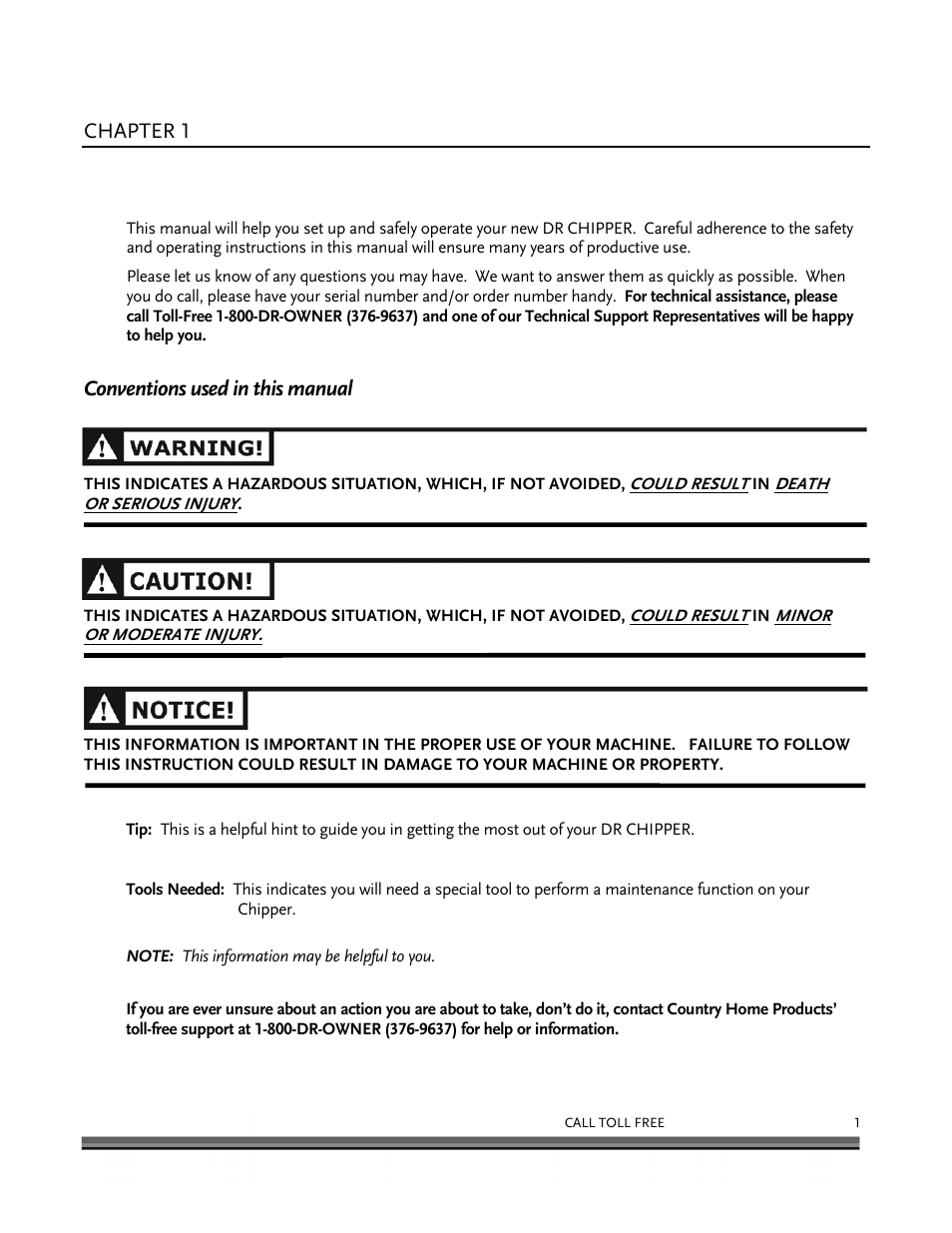 Introducing the dr chipper, Chapter 1, Conventions used in this manual | DR Power 13 HP Towable User Manual | Page 5 / 56